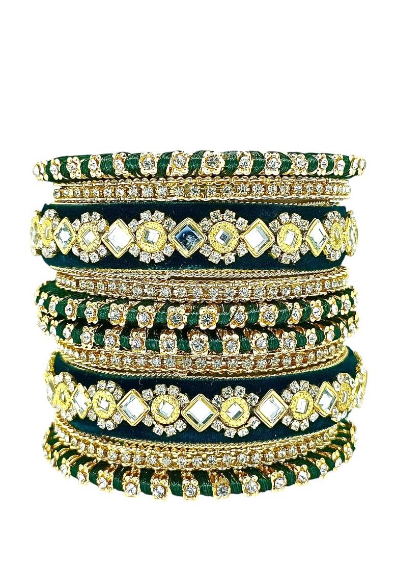 Set Of 10 Gold Plated Green Velvet Silk Thread Chuda Set