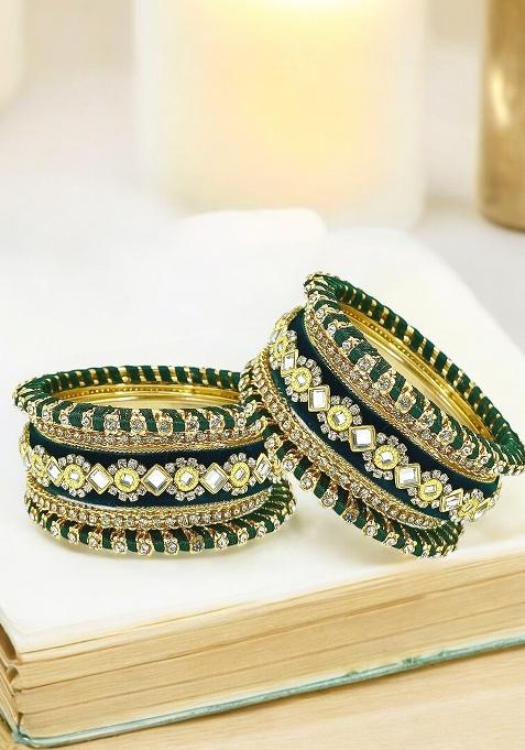 Set Of 10 Gold Plated Green Velvet Silk Thread Chuda Set