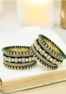 Set Of 10 Gold Plated Green Velvet Silk Thread Chuda Set