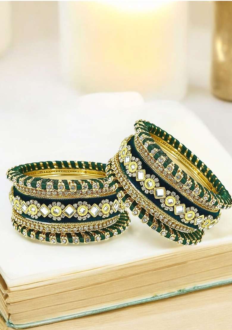 Set Of 10 Gold Plated Green Velvet Silk Thread Chuda Set - Indya