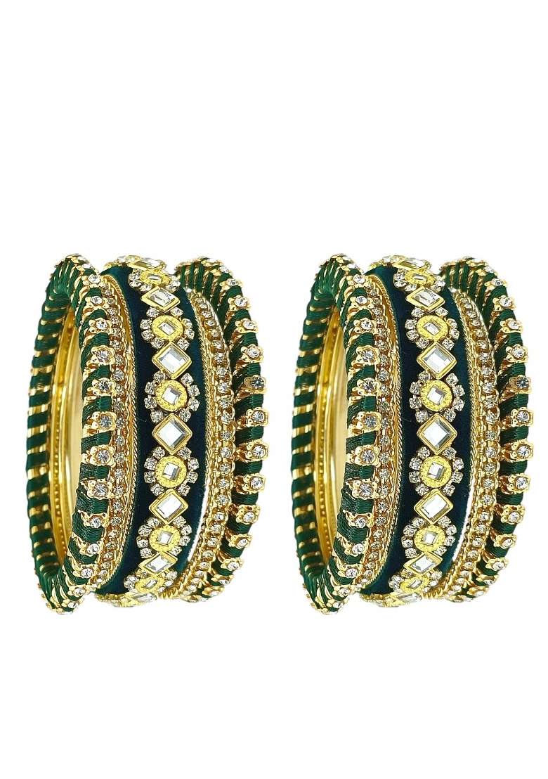 Set Of 10 Gold Plated Green Velvet Silk Thread Chuda Set - Indya