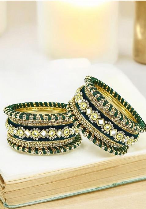 Set Of 10 Gold Plated Green Velvet Silk Thread Chuda Set