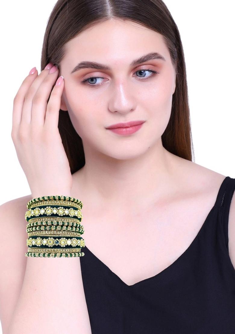 Set Of 10 Gold Plated Green Velvet Silk Thread Chuda Set