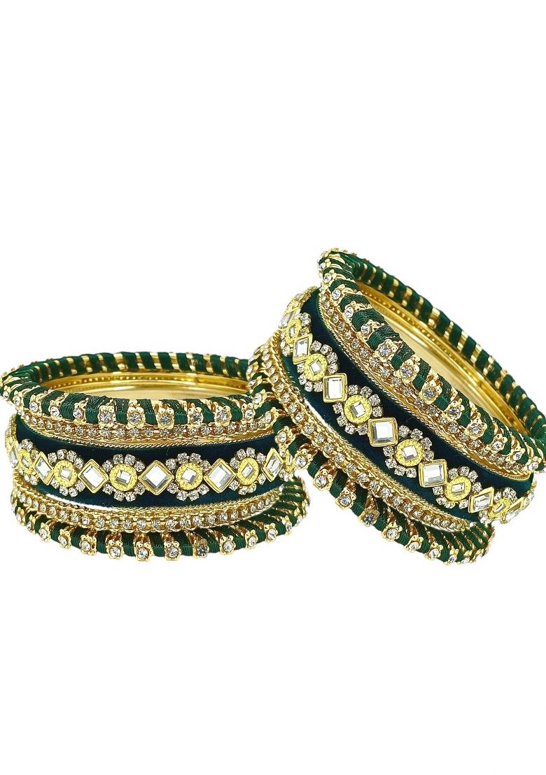 Set Of 10 Gold Plated Green Velvet Silk Thread Chuda Set