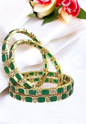 Set Of 4 Gold Plated Green Stone Studded Bangle Set