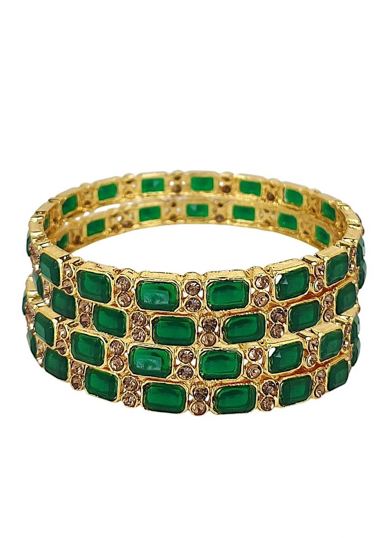 Set Of 4 Gold Plated Green Stone Studded Bangle Set