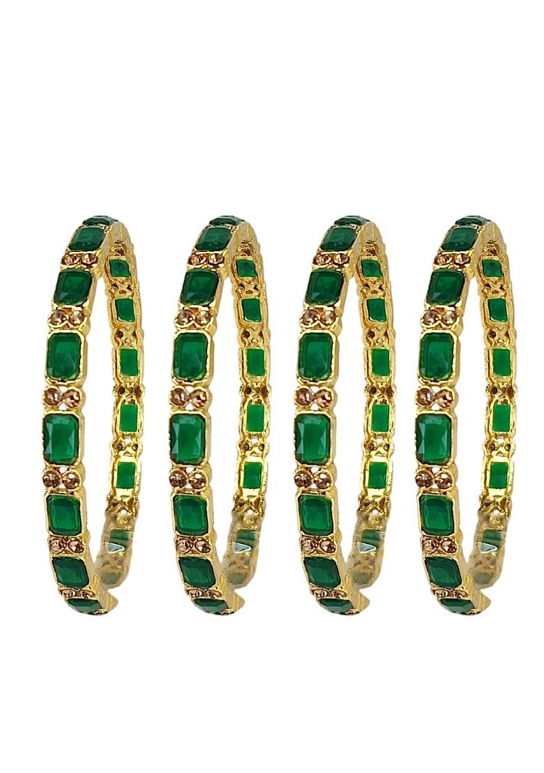 Set Of 4 Gold Plated Green Stone Studded Bangle Set