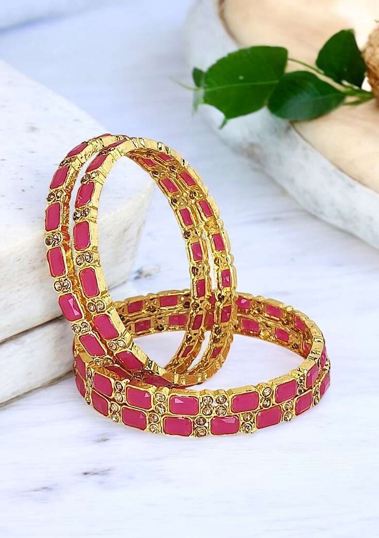 Set Of 4 Gold Plated Red Stone Studded Bangle Set - Indya