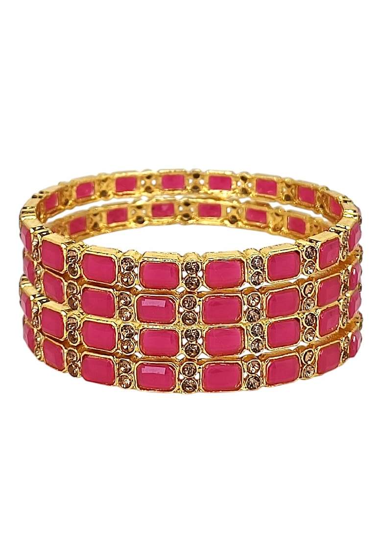 Set Of 4 Gold Plated Red Stone Studded Bangle Set - Indya