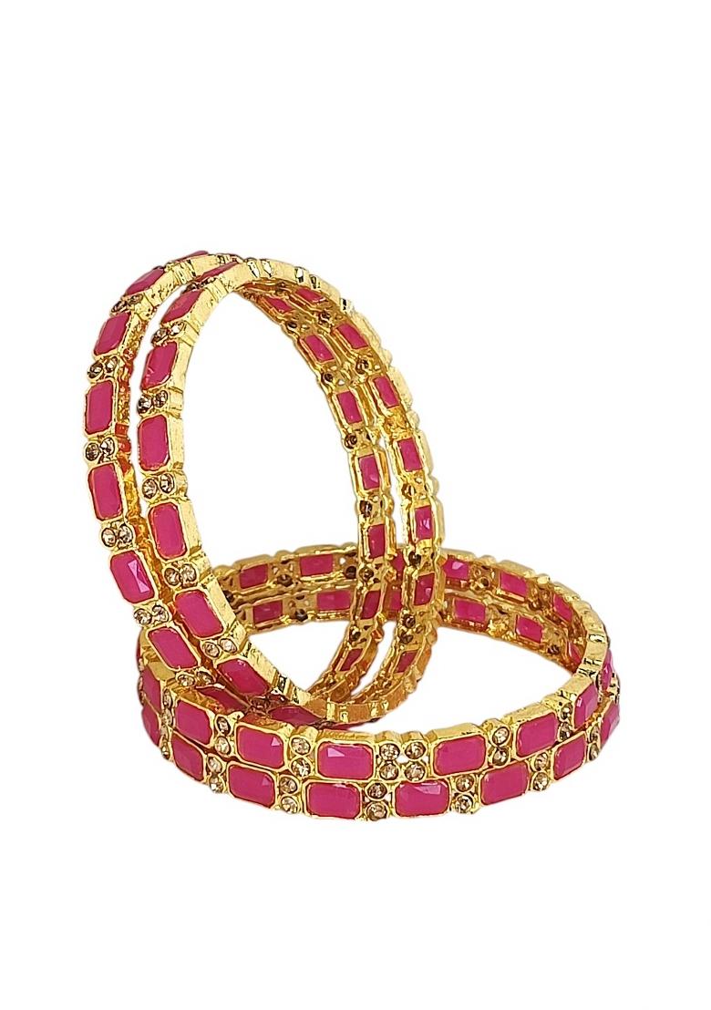 Set Of 4 Gold Plated Red Stone Studded Bangle Set