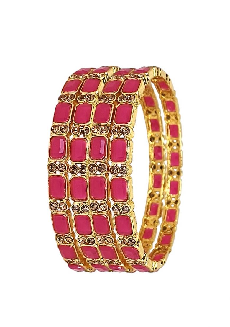 Set Of 4 Gold Plated Red Stone Studded Bangle Set