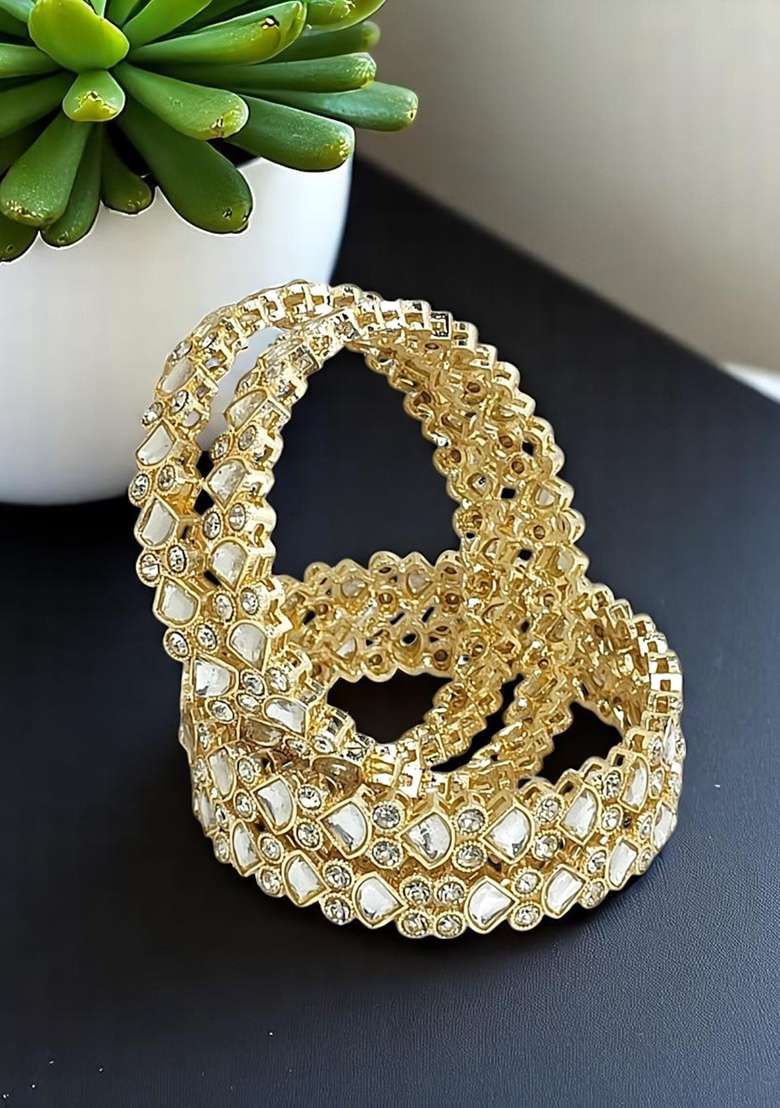 Set Of 4 Gold Plated Kundan Studded Bangle Set - Indya