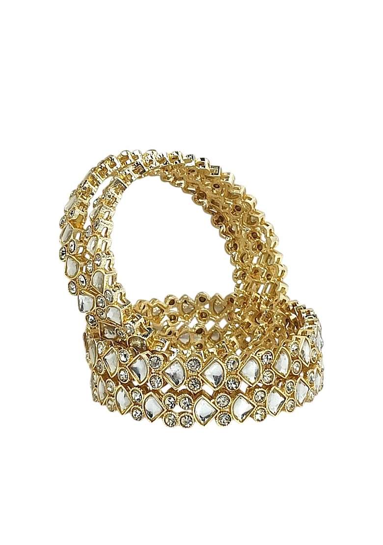 Set Of 4 Gold Plated Kundan Studded Bangle Set - Indya