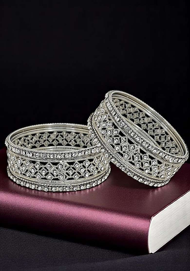 Set Of 6 Silver Plated Cubic Zircon Studded Bangles Set - Indya