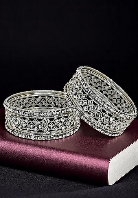 Set Of 6 Silver Plated Cubic Zircon Studded Bangles Set