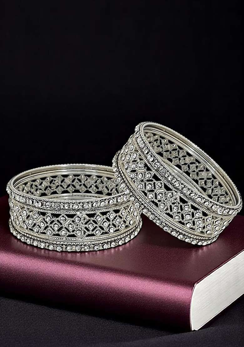 Set Of 6 Silver Plated Cubic Zircon Studded Bangles Set - Indya