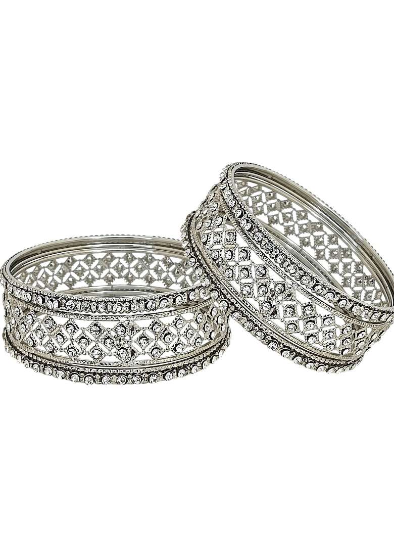 Set Of 6 Silver Plated Cubic Zircon Studded Bangles Set - Indya