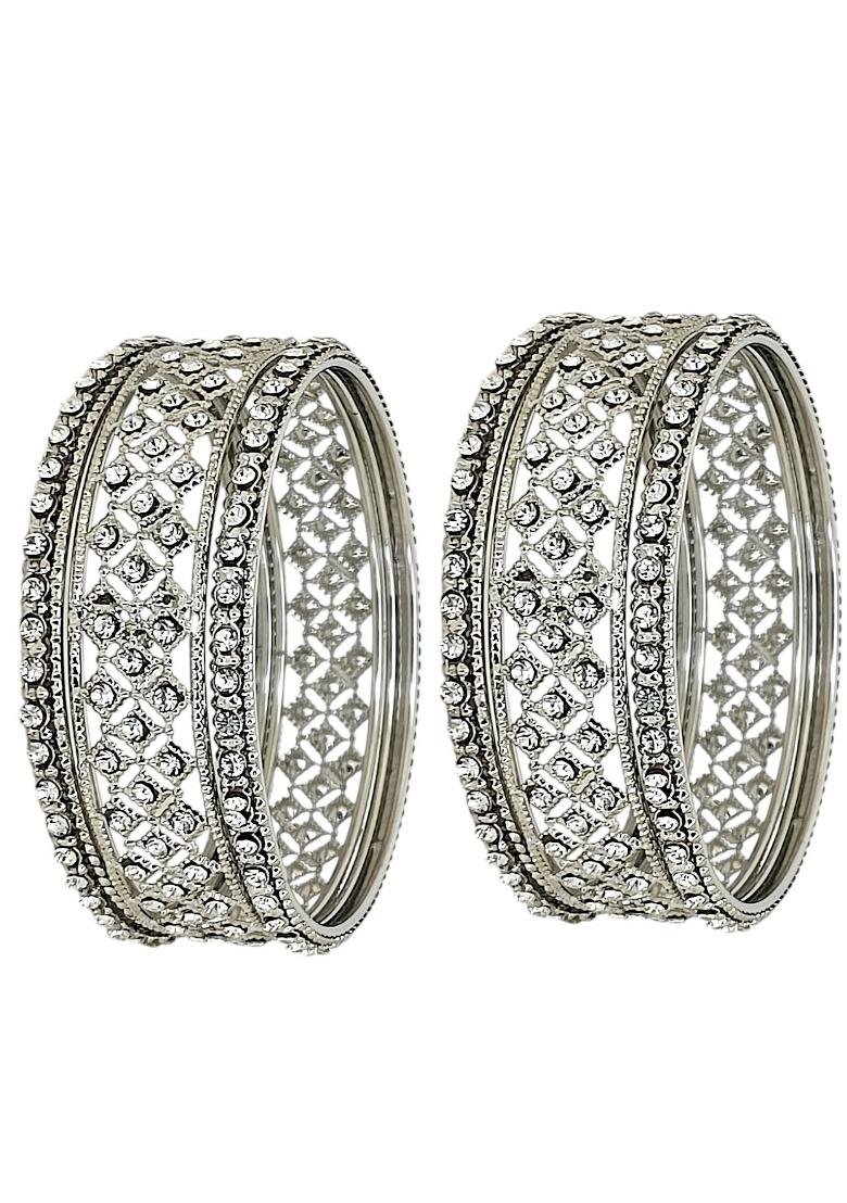 Set Of 6 Silver Plated Cubic Zircon Studded Bangles Set