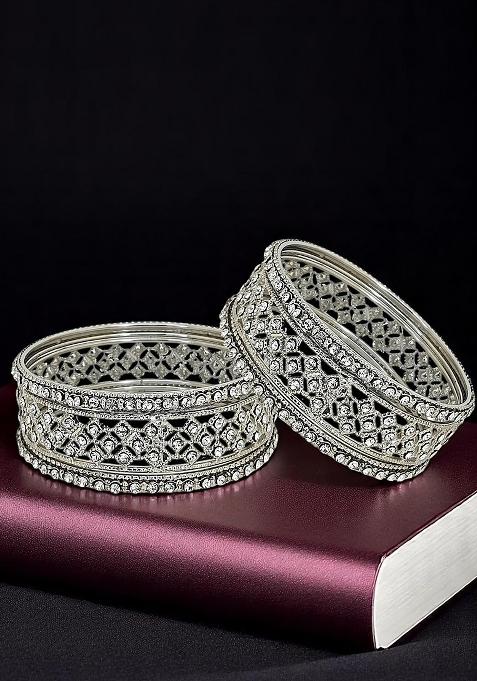 Set Of 6 Silver Plated Cubic Zircon Studded Bangles Set