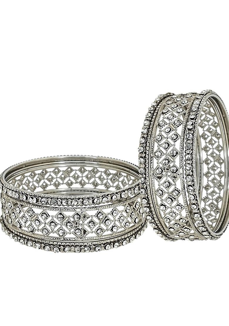 Set Of 6 Silver Plated Cubic Zircon Studded Bangles Set