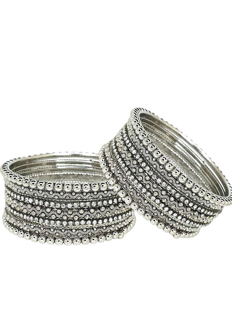 Set Of 10 Silver Oxidised Cubic Zircon Studded Bangle Set - Indya