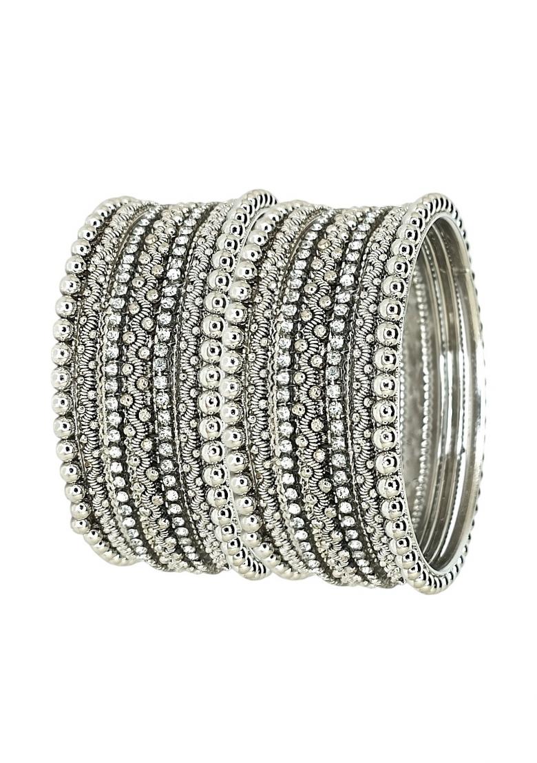 Set Of 10 Silver Oxidised Cubic Zircon Studded Bangle Set