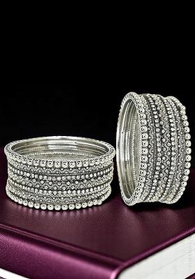 Set Of 10 Silver Oxidised Cubic Zircon Studded Bangle Set
