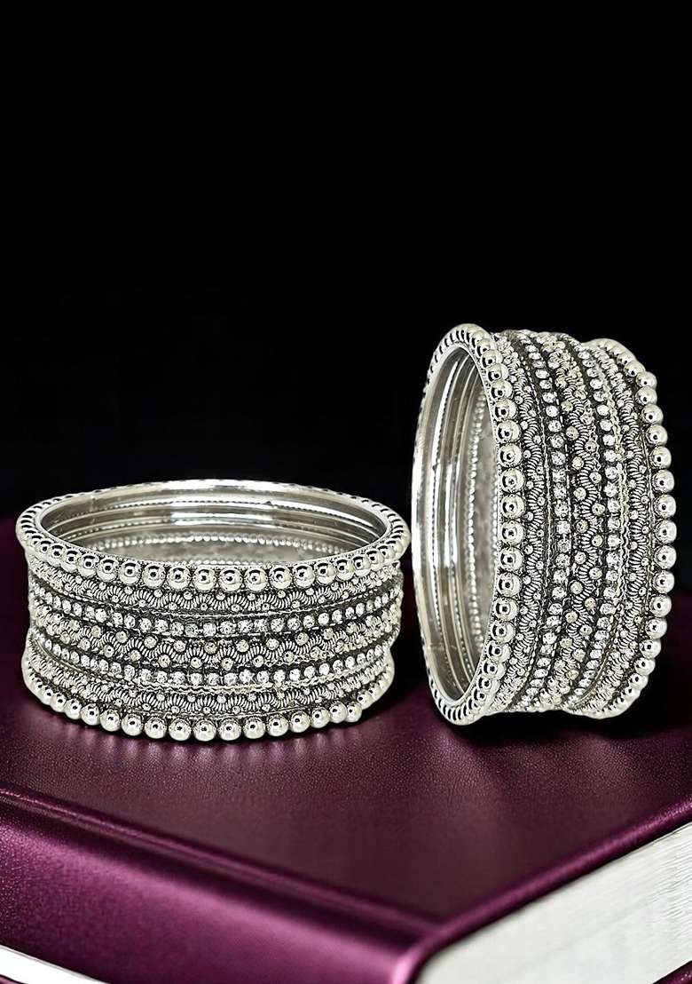 Set Of 10 Silver Oxidised Cubic Zircon Studded Bangle Set - Indya