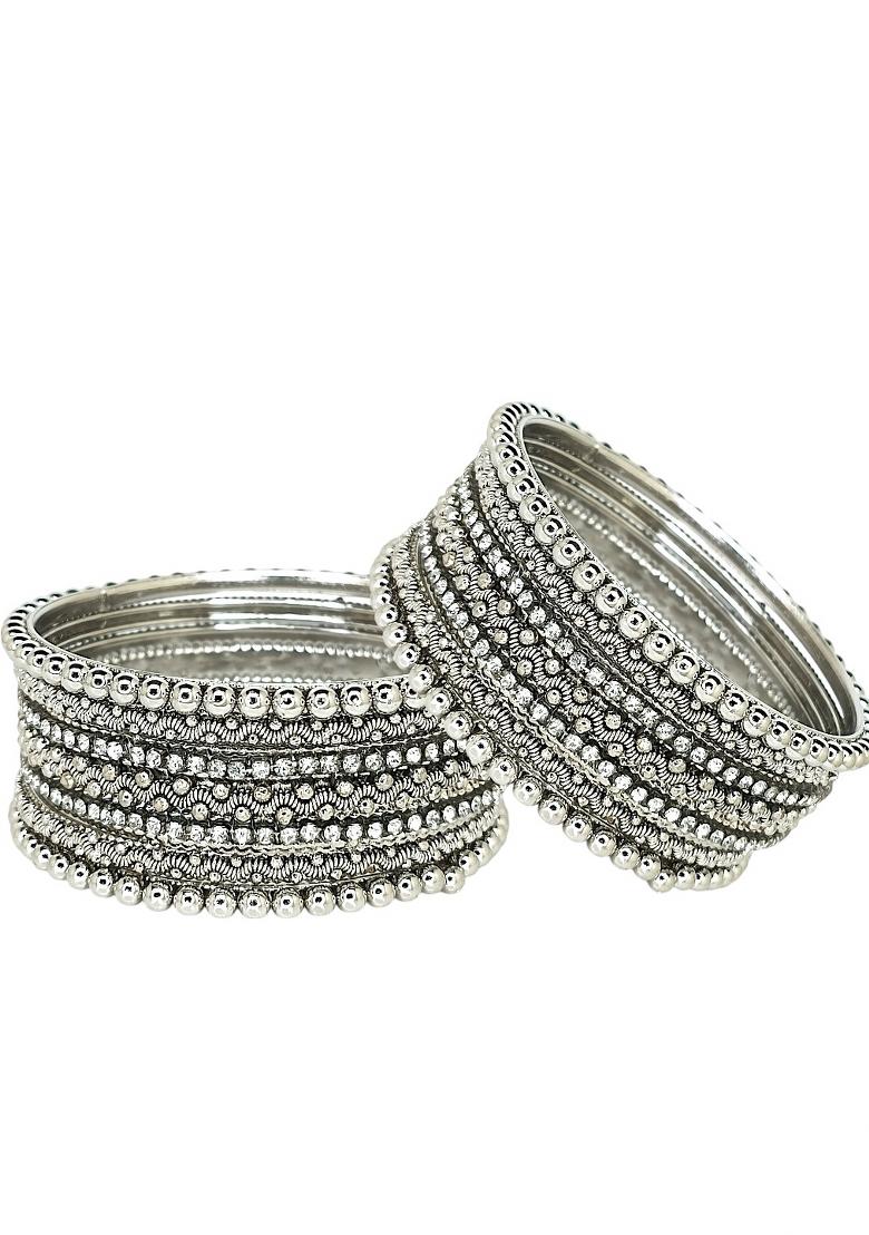 Set Of 10 Silver Oxidised Cubic Zircon Studded Bangle Set