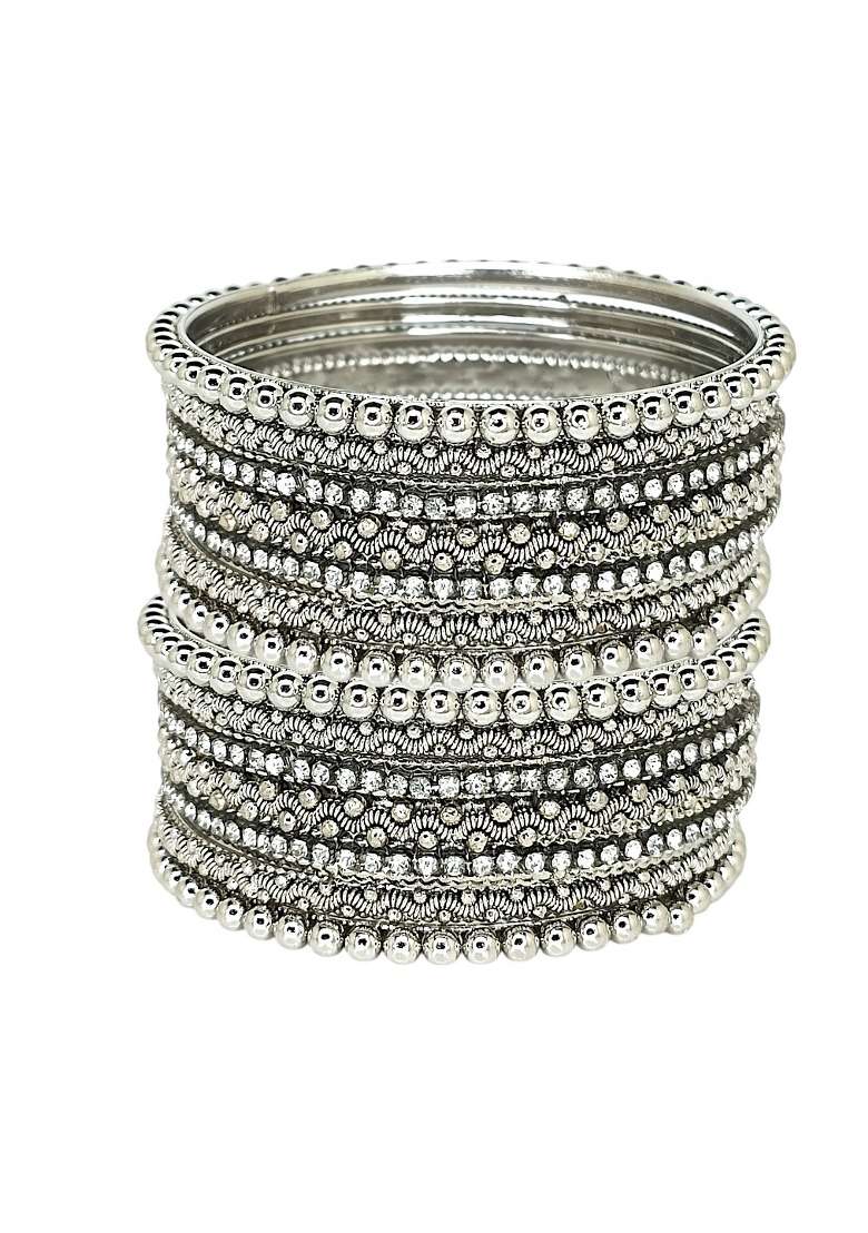 Set Of 10 Silver Oxidised Cubic Zircon Studded Bangle Set - Indya