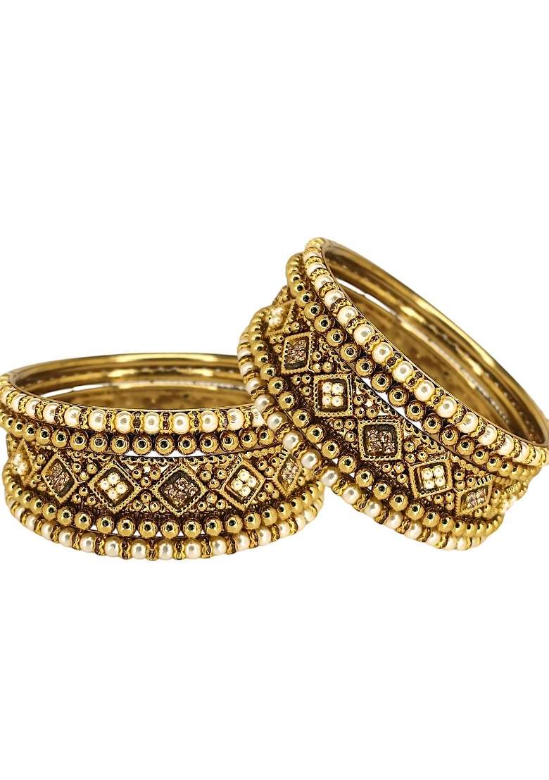 Set Of 10 Gold Plated Beads Studded Chuda Set - Indya