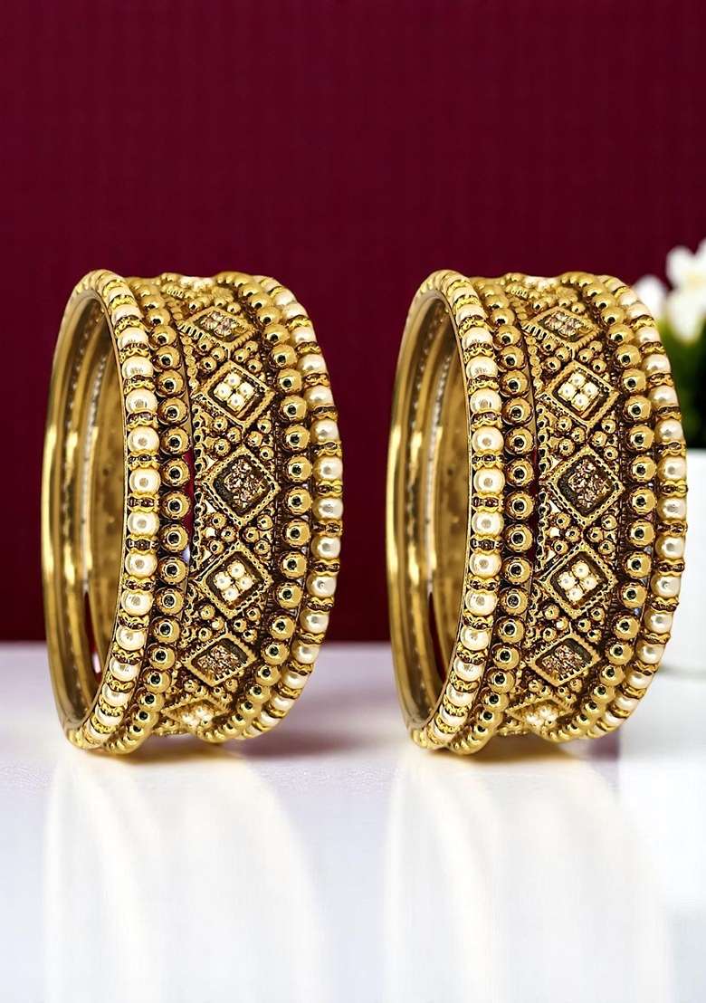 Set Of 10 Gold Plated Beads Studded Chuda Set - Indya