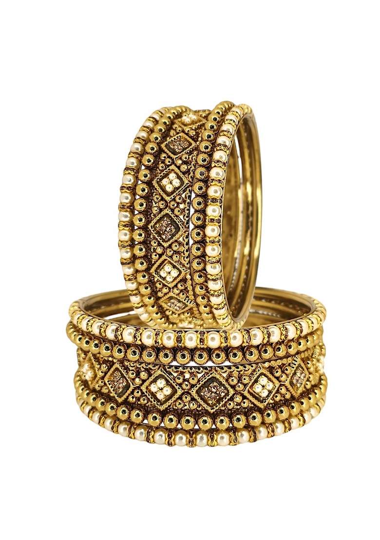 Set Of 10 Gold Plated Beads Studded Chuda Set - Indya