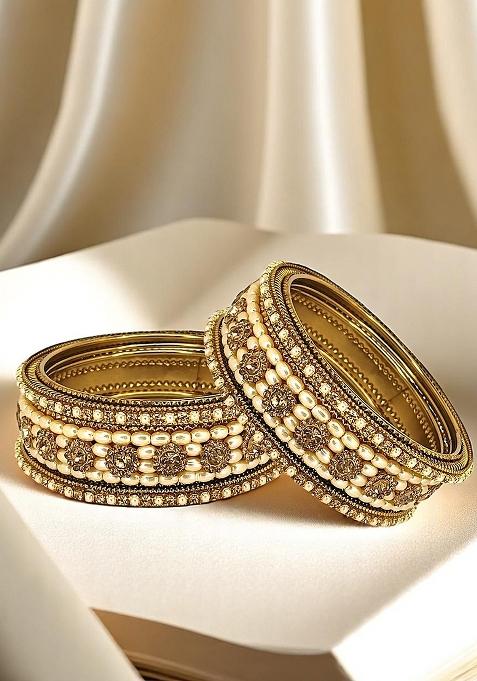 Set Of 6 Gold Plated Beads Embellished Traditional Bangle Set
