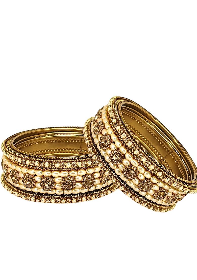 Set Of 6 Gold Plated Beads Embellished Traditional Bangle Set