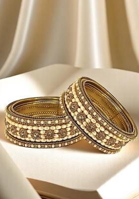 Set Of 6 Gold Plated Beads Embellished Traditional Bangle Set