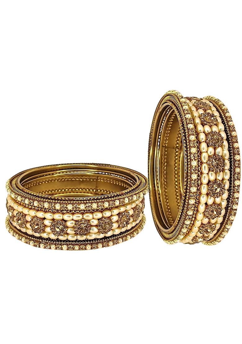 Set Of 6 Gold Plated Beads Embellished Traditional Bangle Set
