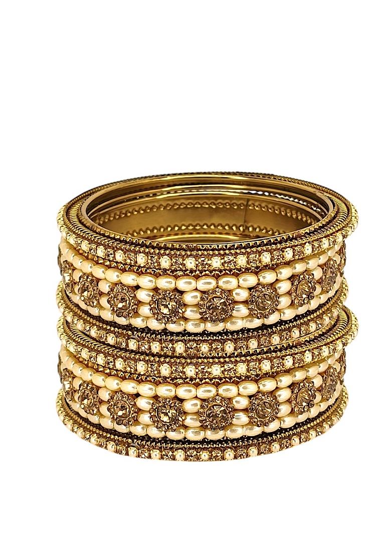 Set Of 6 Gold Plated Beads Embellished Traditional Bangle Set