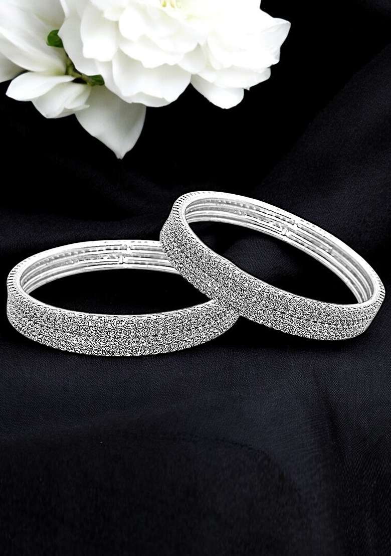 Set Of 8 Silver Plated Cubic Zirconia Studded Bangle Set - Indya