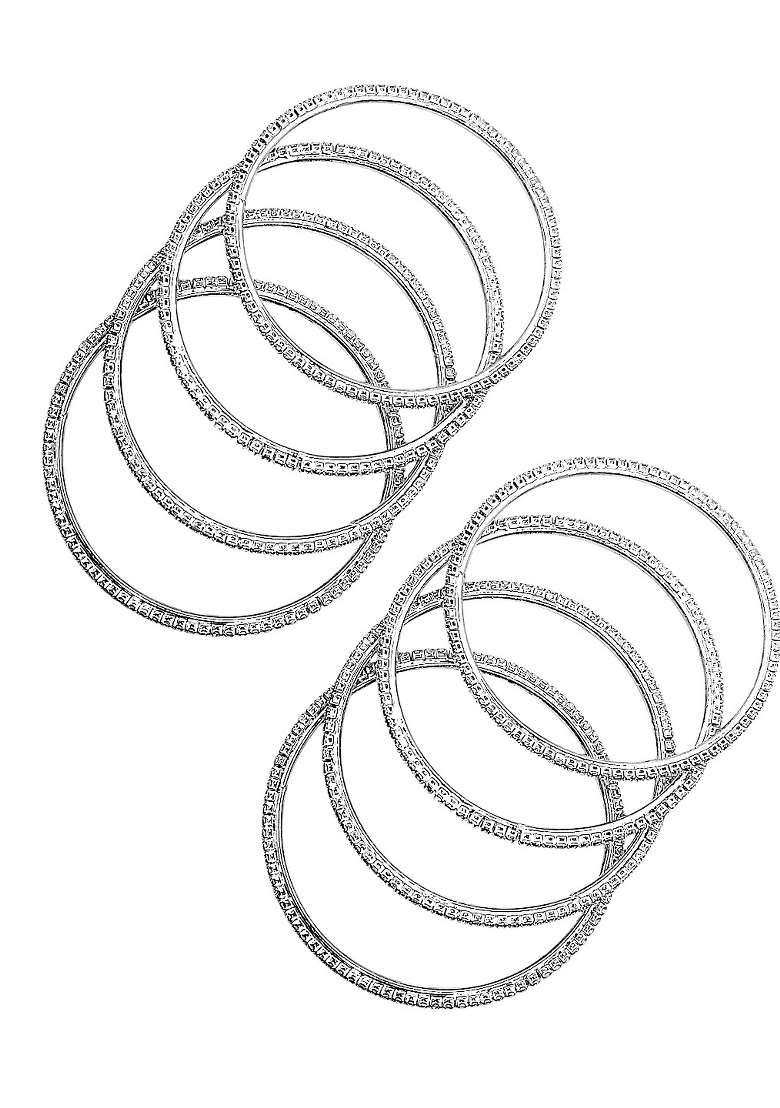 Set Of 8 Silver Plated Cubic Zirconia Studded Bangle Set - Indya