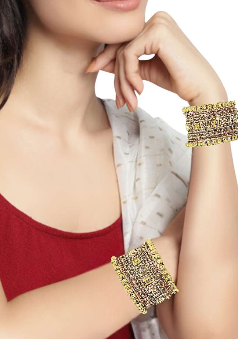 Gold Plated Stone Studded Handcrafted Chuda Set - Indya