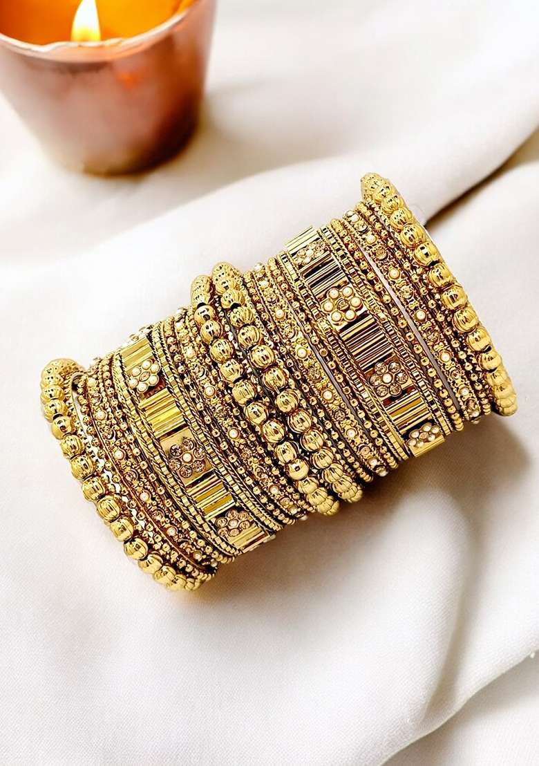 Gold Plated Stone Studded Handcrafted Chuda Set - Indya