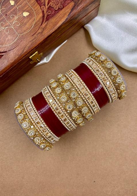 Red Punjabi Chuda Metal And Plastic Wedding Chuda Bangle Set