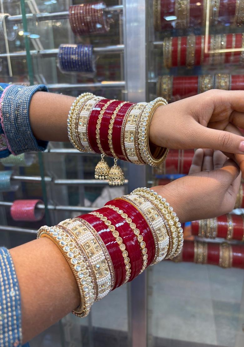 Red Punjabi Chuda Metal And Plastic Wedding Chuda Bangle Set