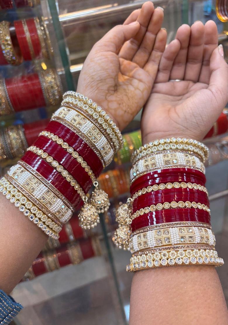 Red Punjabi Chuda Metal And Plastic Wedding Chuda Bangle Set