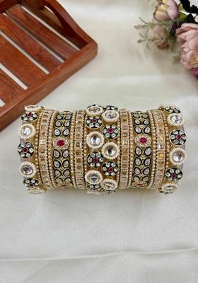 Golden Rajwadi Metal And Plastic Wedding Chuda Bangle Set