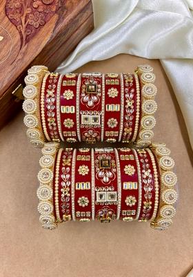 Red Rajwadi Metal And Plastic Wedding Chuda Bangle Set