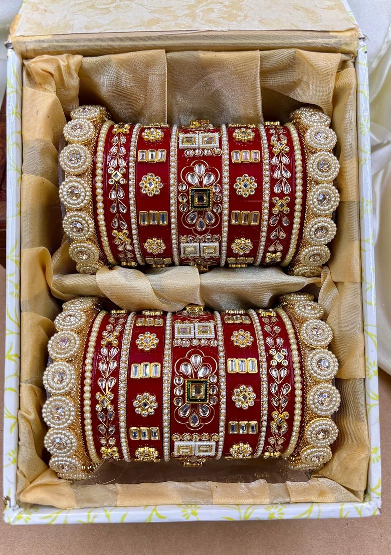 Red Rajwadi Metal And Plastic Wedding Chuda Bangle Set