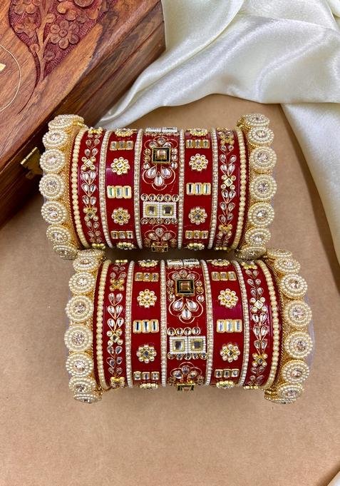 Red Rajwadi Metal And Plastic Wedding Chuda Bangle Set
