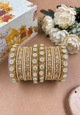 Golden Kundan Metal And Plastic Wedding Chuda Bangle Set